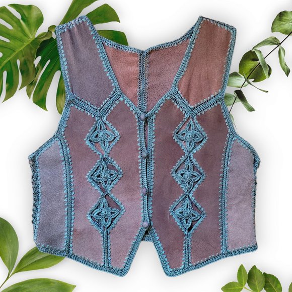 Vintage Jackets & Blazers - Vintage Suede Vest w Green Lace, sz Small-Medium